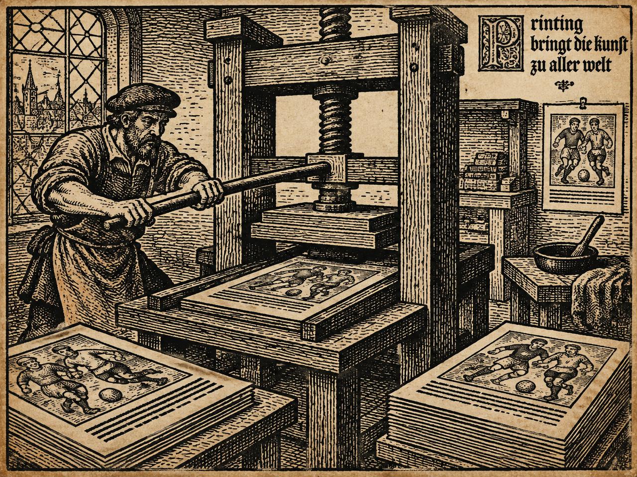 Woodcut of a printer working a wooden press, pages of footballers beside him